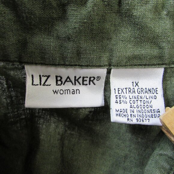 Liz Baker Woman Olive Green Linen/Cotton Button Down Top 1X - Picture 2 of 12